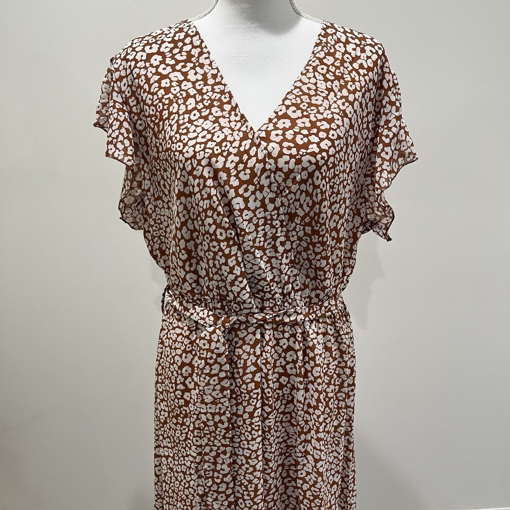 Pretty‎ Garden Womens Maxi Dress XXL Flutter Sleeve Leopard Brown Belted Dainty - Picture 2 of 10